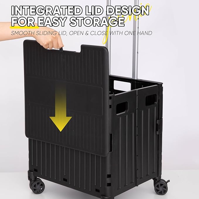 VUSIGN Folding Utility Cart, Foldable Rolling Crate Handcart with Lid, Portable Collapsible Shopping Trolley Tool Box, 4 Rotate Wheels for Grocery, Office, Travel, Teacher, Luggage, Black