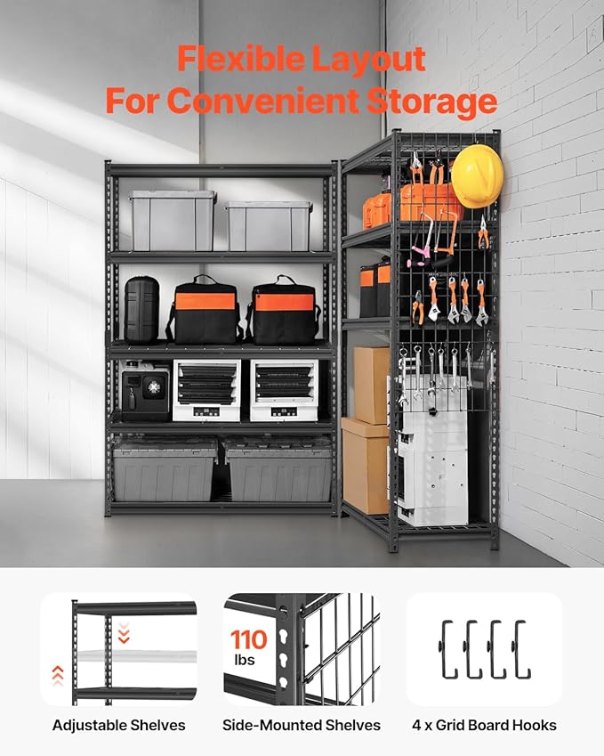VEVOR Storage Shelves, 2500 lbs, 5 Tier Heavy Duty Garage Shelving, 18" D x 48" W x 72" H Adjustable Metal Shelves for Industrial Shelving Unit Utility Shelf, for Kitchen, Warehouse, Basement, Black