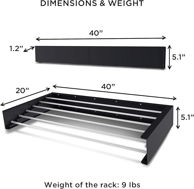 Step Up Laundry Drying Rack (40-INCH Industrial Gray), Wall Mounted, Retractable Clothes Drying Rack, 60lbs Capacity, 20 Linear Ft, with Wall Template and Long Screwdriver Bit