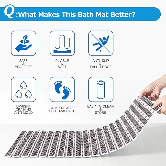 Matace Non Slip Rubber Bathtub & Shower Mat with Suction Cups, Thick Textured Surface, Fast Drain and Upright Drying Design, No Pooling Water for Better Hygiene, 27 x 16 Inch, Dark Gray