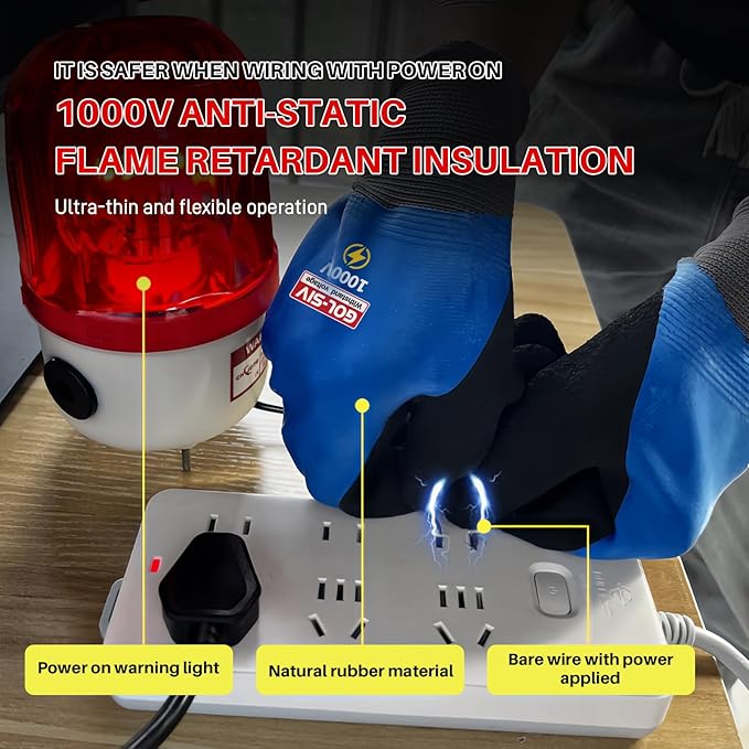 Electrician Gloves 1000V High Voltage,Double Insulated Electrical Gloves For Men,Rubber Safety Work Gloves (Blue,Large)