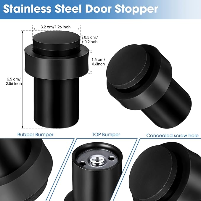 Chumia 20 Pcs Door Stopper Mounted Floor Stops Stainless Steel Cylindrical Stopper Modern Decorative Rubber Bumper Stops Holder Wall Protector for Bottom or Top of Door (Black)