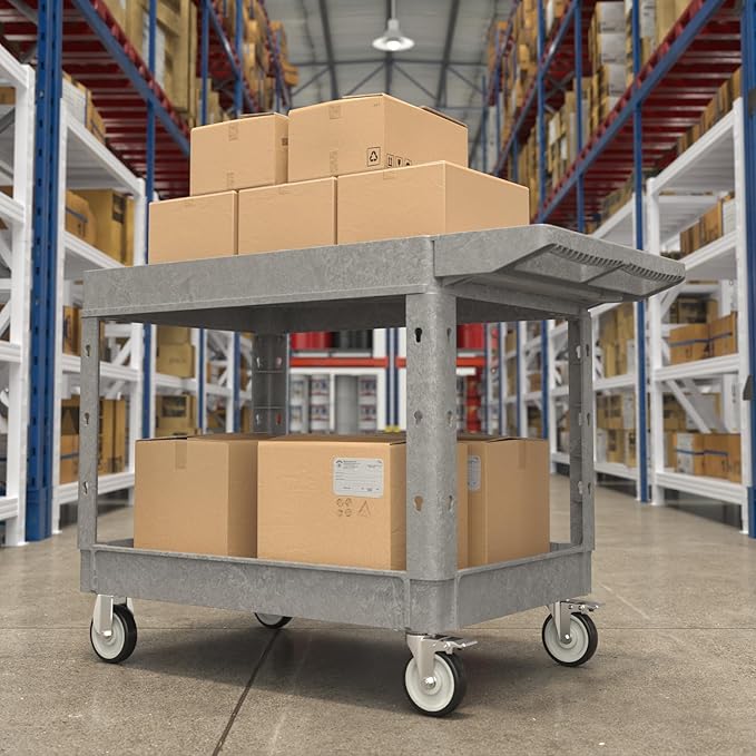 Large Garage Flat Top Utility Cart, Heavy Duty 2 Shelf Tool Cart Service Cart Rolling Push Carts with Ergonomic Handle 5" Swivel Casters.