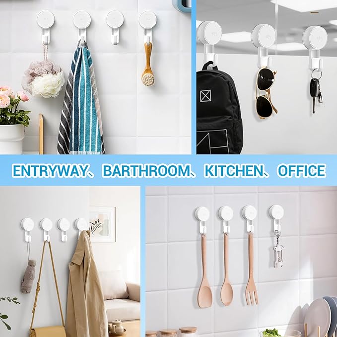 LUXEAR Suction Cup Hooks Reusable Suction Hooks for Shower Wall Vacuum Bathroom Suction Holder Removable Window Glass Door Suction Hanger for Bathroom Kitchen Heavy Duty Hook for Wreath (4 Pack)