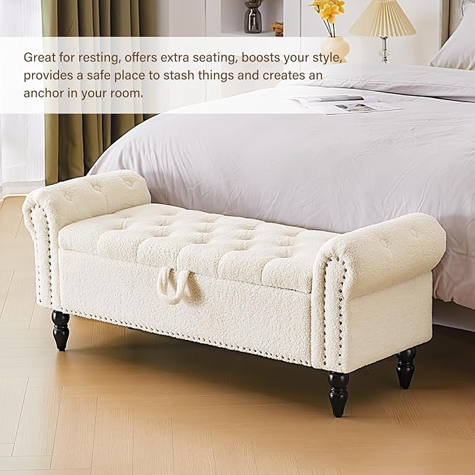 Furnimart Storage Ottoman Bench for Queen Size Bed, Faux Fur Upholstered Storage Bench Accent Bench with Rolled Arms for Bedroom,Living Room, Entryway, 2.5Cubic Feet