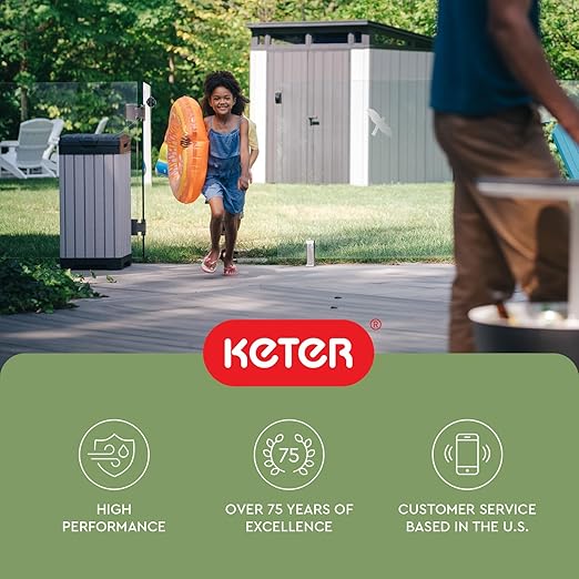 Keter Rockford Resin 38 Gallon Outdoor Kitchen Trash Can with Lid and Drip Tray for Easy Cleaning-Perfect for Patio Dining, Grey