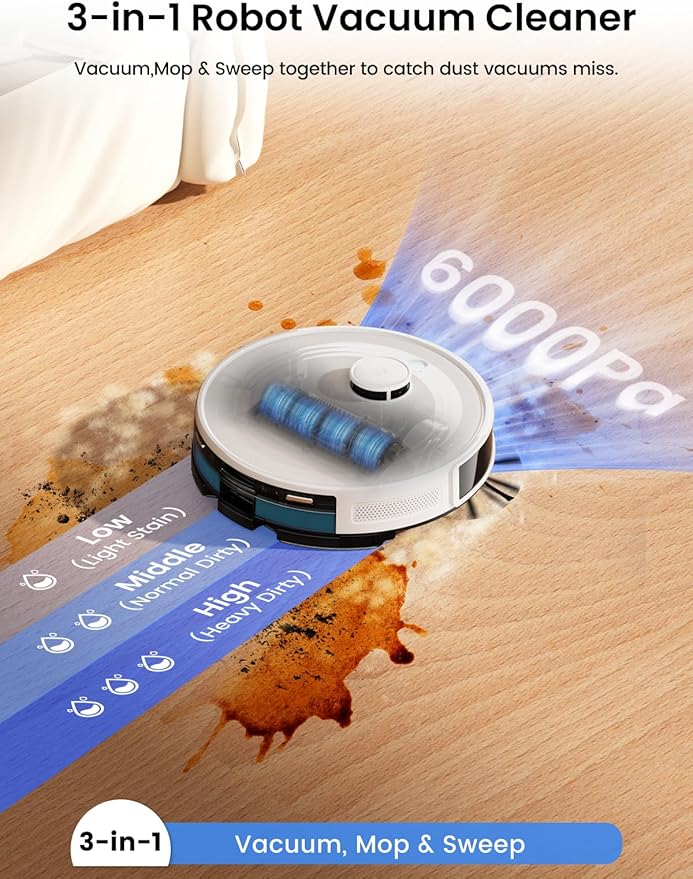 Lefant M2L Plus LiDAR Robot Vacuum and Mop, 190° PSD Obstacle Avoidance, 6000Pa Strong Suction, 45-Day Capacity, Multi-Floor Mapping, 130 Min Runtime, WiFi/Alexa/APP/iWatch