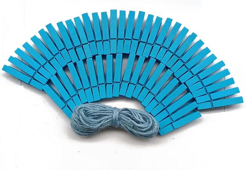 1.9" Wooden Clothespins Hanging Clothes Pins Clip Photo Holder DIY Gift Festive Party Decor with Bright Blue Jute Twine Pack 50