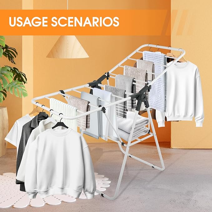 Clothes Drying Rack, Metal Foldable Laundry Drying Rack, with Adjustable Height Levels Wings, Space Saving, Indoor Outdoor Use, White Free-Standing Airer