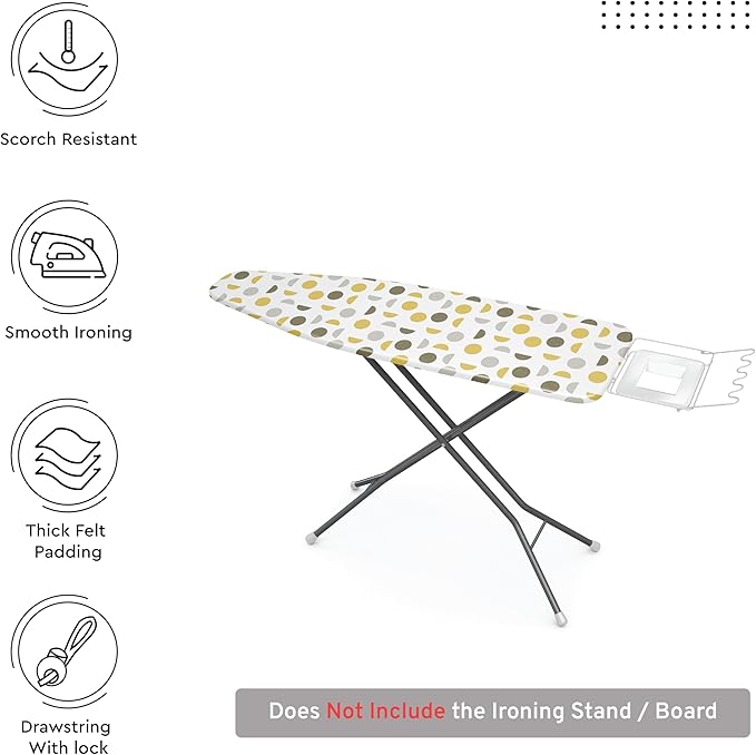 Encasa XO Ironing Board Cover and Pad 54"x15" - Thick 3mm Felt Padding, Drawstring Tightening & Lock, Easy Fit, Scorch & Stain Resistant, Fits Standard Large Ironing Board - Yellow Moon