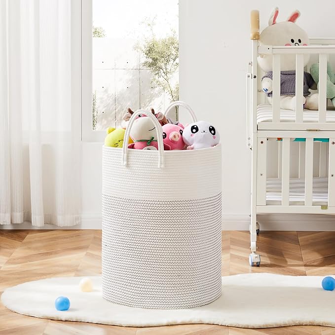 Laundry Basket,Woven Cotton Rope Laundry Hamper,Versatile Storage for Dirty Clothes,Baby Toys,and Blankets in Bathroom, Nursery,and Living Room (White, 40L)