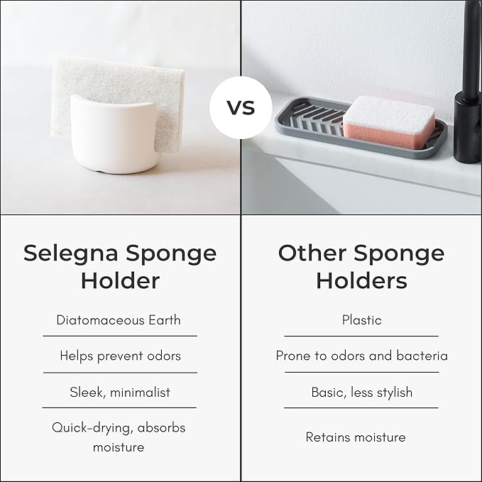 Selegna Diatomite Stone Sponge Caddy – Quick Drying Diatomaceous Earth Sink Organizer – Instant Drying Kitchen Sponge Holder for Sink – Compact Large Stone Sponge Holder