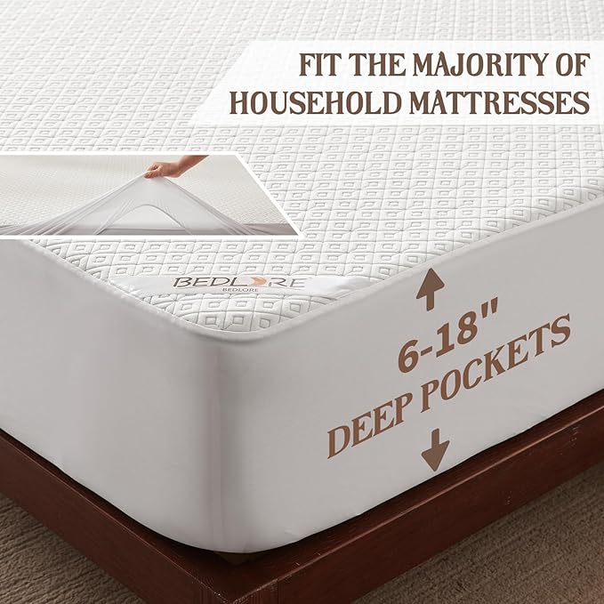 BEDLORE Queen Mattress Protector, Waterproof Noiseless Mattress Cover with Deep Pocket for 6-18 inches Mattress, Soft Breathable Mattress Pad Machine Washable (White)