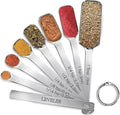 Stainless Steel Measuring Spoons Set of 8, Rectangular Metal Measuring Spoons with Leveler, Compact Spoons Design for Narrow Spice Jars, Teaspoon & Tablespoon Spoons for Dry & Liquid Ingredients