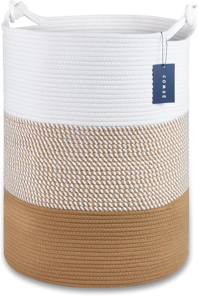 COMSE Extra Large Blanket Basket, Tall Woven Storage Basket, Nursery Hamper, 15.7”x 21.7”, Cotton Rope Laundry Hamper for Toys Clothes Towels, White/Camel