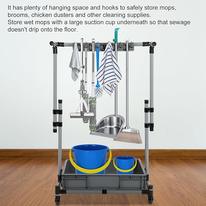 Rolling Cleaning Cart with Mop & Broom Organizer,Movable Floor-Mounted Mop Rack Floor Standing Cleaning Tool Cart with Wheels for Housekeeping, Garage &Garden