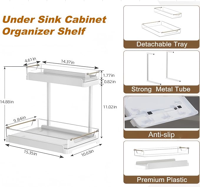 heart & home 1-Pack Under Sink Storage Organizer for Kitchen & Bathroom Cabinets with Removable Washable Tray, Tool-Free Assembly – Multi-Purpose for Kitchen Countertop, Vanity, & Laundry Room，White