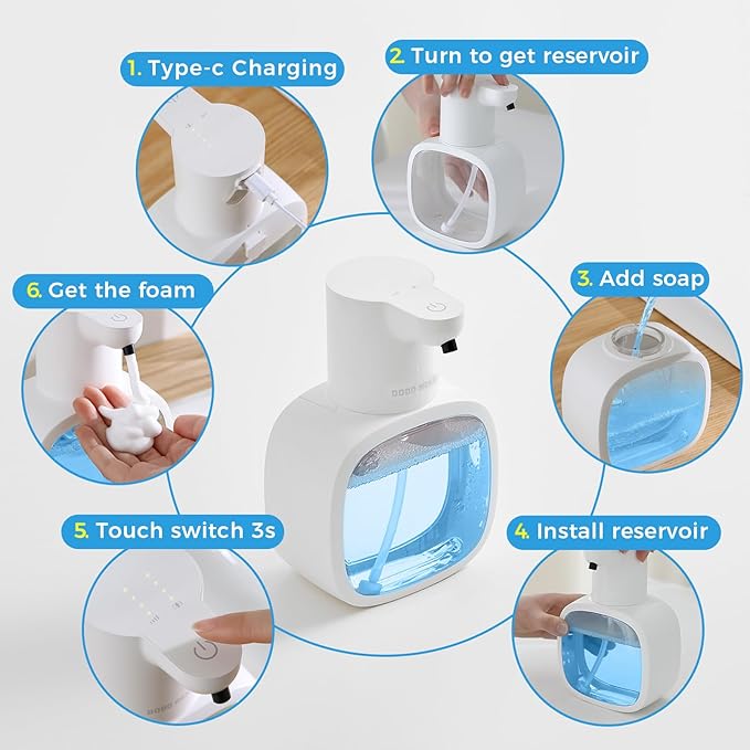 Automatic Foaming Soap Dispenser, 17oz/500ml Touchless Rechargeable with 4-Level Adjustable & IPX5 Waterproof - Level Display for Wall/Tabletop Use in Bathroom, Kitchen, White