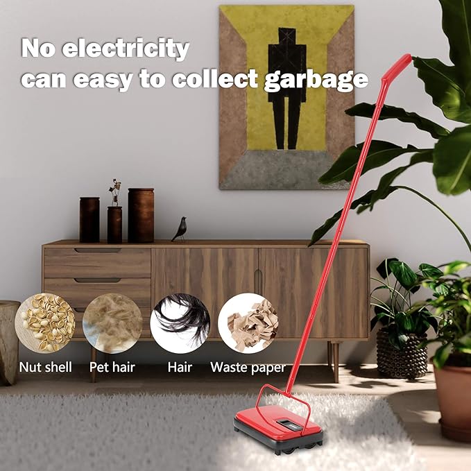 Eyliden Carpet Sweeper, Mini Size Lightweight Hand Push - No Noise, Non-Electric, Easy Manual Sweeping Only for Carpet Cleaning (Red)