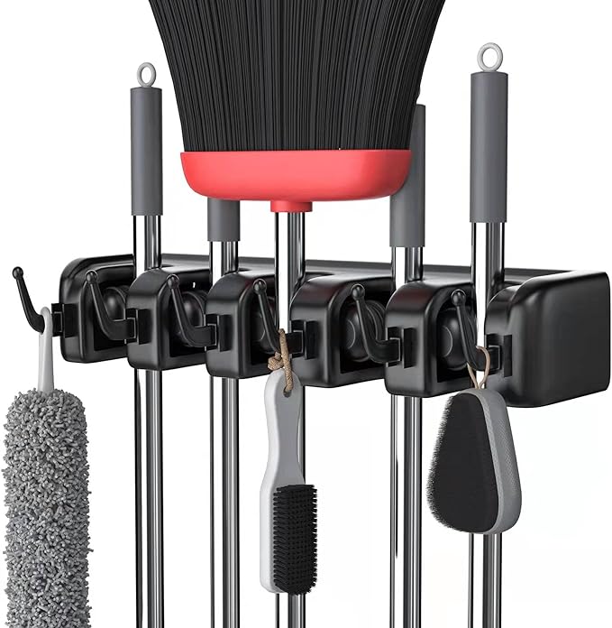 LETMY Broom Holder Wall Mount - Mop and Broom Hanger Holder - Garage Storage Rack & Garden Tool Organizer - 5 Position 6 Hooks Broom Rack for Home, kitchen, Garden, Tools, Garage Organization - Black