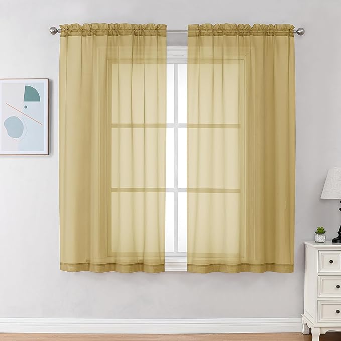 Chyhomenyc Gold Sheer Curtains 63 Inch Length 2 Panels, Rod Pocket Solid Window Sheer Curtain Panels, Elegant Curtains & Drapes for Living Room Bedroom 2 Panels (Gold, 42 W x 63 L)