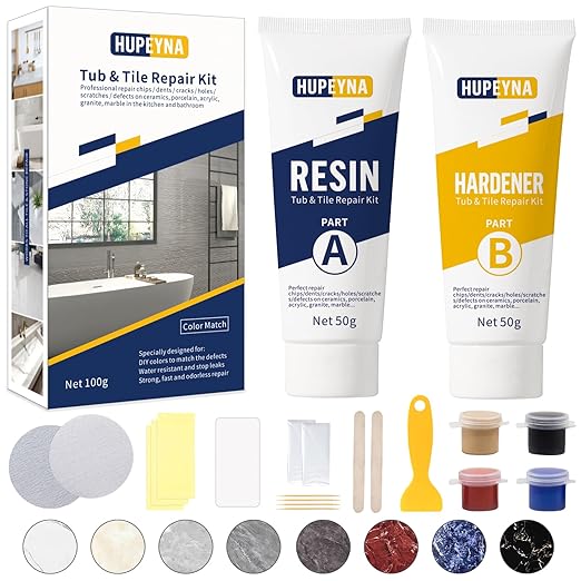 Tub, Tile and Shower Repair Kit (Color Match), Hupeyna Porcelain Repair Kit, Bathtub Repair Kit for Chips Dents Cracks Holes Scratchs, etc. Fiberglass Repair Set - Offer More Color Options