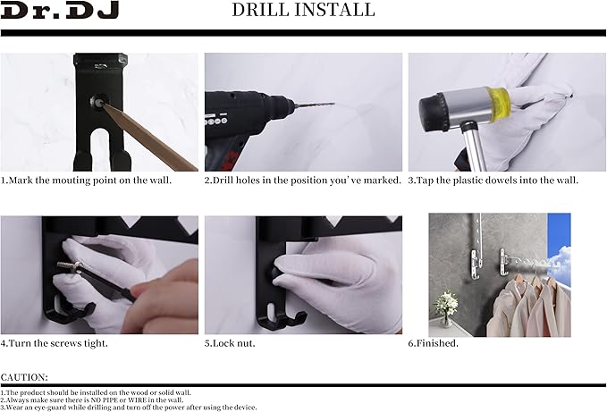 Dr.DJ Wall Hanger for Clothes, Coat Hanger Wall Mounted Matte Black Retractable Clothes Drying Organizer Rack Garment Hooks Aluminium Folding Indoor Wall Space Saver (2 Racks) Black