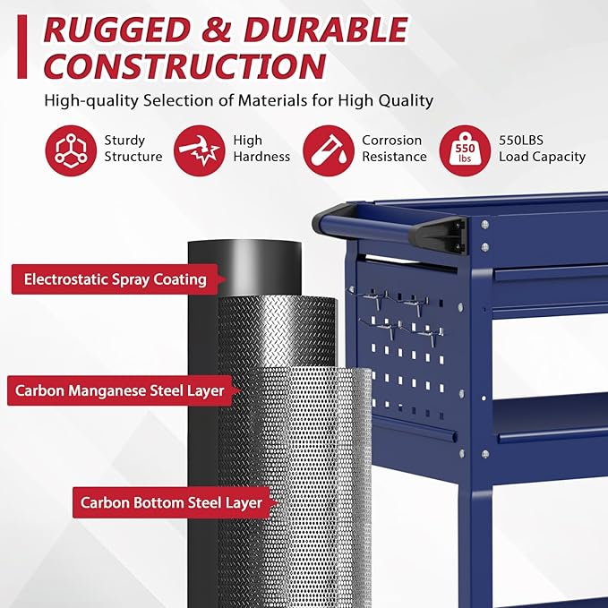 3 Tier Rolling Tool Cart on Wheels, Heavy Duty Service Cart Industrial Utility Cart with Drawer and Screwdriver Rack Pegboard, 550 LBS Mobile Tool Storage Organizer for Garage, Workshop (DARKBLUE)