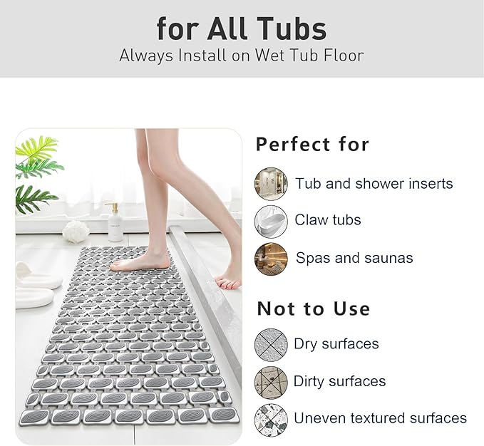 Bath Mat for Tub Non Slip Shower Mat for Elderly - 36 x 16 Inch Soft Durable Bathtub Mat Non Slip Shower Mat for Inside Shower with Suction Cups & Drain Holes, Machine Washable Easy to Cut, Dark Grey