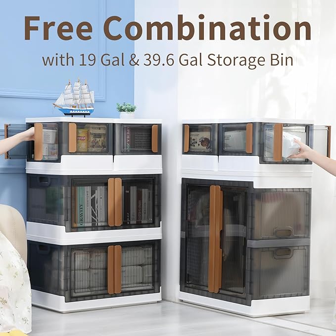 HAIXIN Folding Storage Bins with Left Doors and Right Doors Opening, 6.86 Gal Bookcase, Stackable Storage Cabinet, Plastic Shelves Organizer, Space-Saver Pantry Storage, Room Organization, 6 Pack