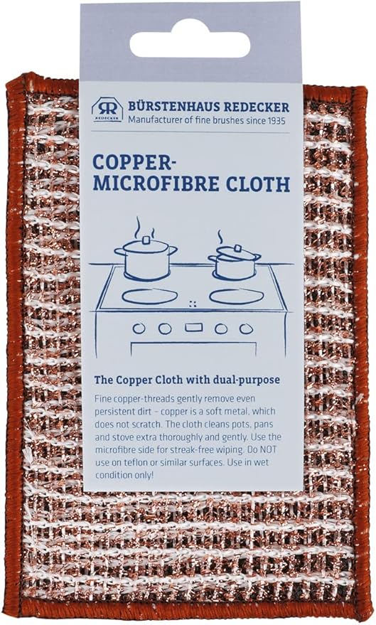 Redecker 2-Ply Woven Copper Scrubbing Cloth & Microfiber Cleaning Wipe – Dual-Surface, Non-Scratch, Reusable & Machine Washable Real Copper Pad for Kitchen & Home