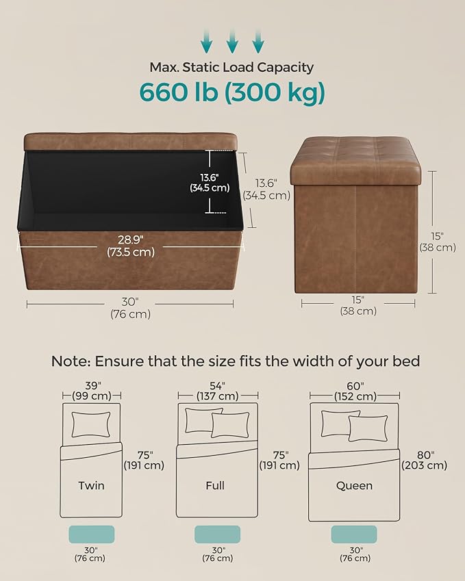 SONGMICS Mazie Collection - 30 Inches Folding Storage Ottoman Bench, Ottoman with Storage, Foot Rest Stool, Load 660 lb, for Living Room, Synthetic Leather, Coffee Brown ULSF040K11