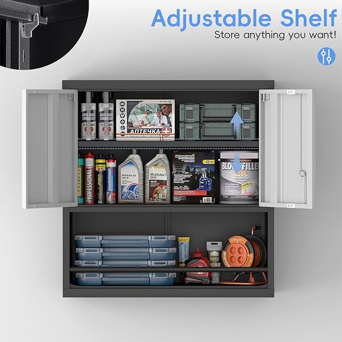 Metal Garage Cabinets, Lockable Storage Cabinet, Metal Cabinet with Open Storage, Upper Tool Cabinet for Basement, Wall Mounted Cabinets for Shop