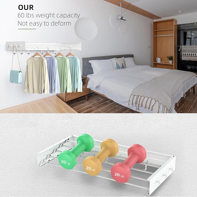 Drying Rack Clothing,Clothes Drying Rack Wall Mounted,Laundry Drying Rack Wall Mount,Foldable,Collapsible,60 lb Capacity 4 Aluminium Poles with 8 Hooks,Space Saving Clothes Drying Rack,White 23.6"