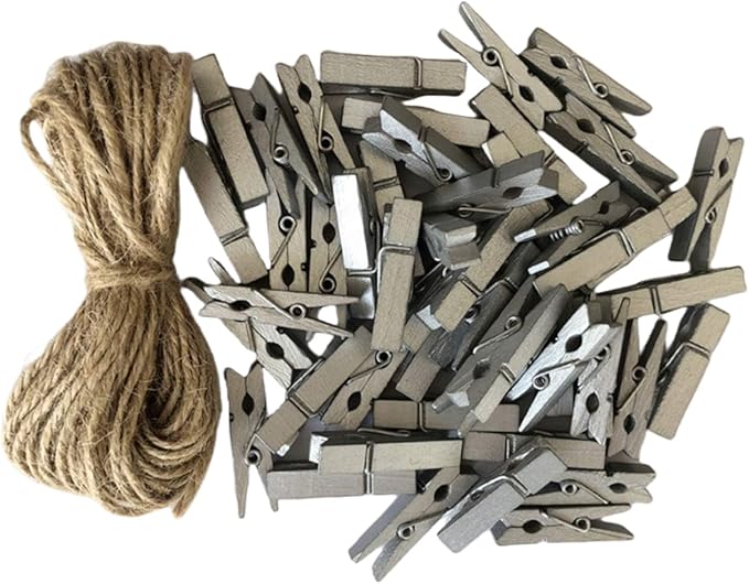 DurReus Wood Clips Strong Photos Pins Peg Home Party Decorative Accessories with Jute Twine Silver Pack 50