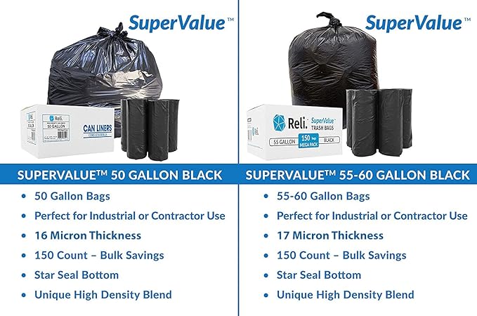 Reli. Premium 50 Gallon Trash Bags | 150 Count | Made in USA | Heavy Duty | Bulk | SuperValue | Black Multi-Use Garbage Bags