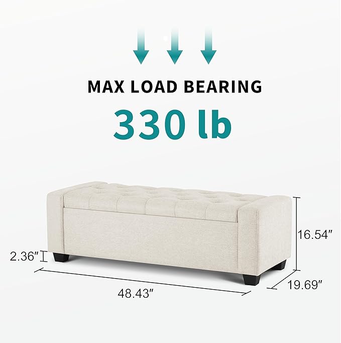 48" Ottoman with Storage, Storage Ottoman Bench with Safety Hinge, Upholstered Entryway Bench with Seating for Bedroom, Living Room, Holds up to 330 lb, Beige
