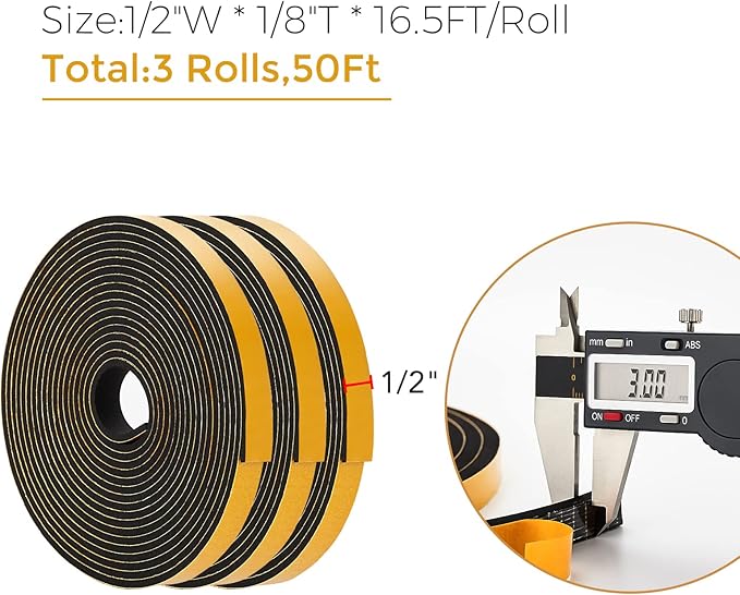 50 Feet Weather Stripping Door Seal, 1/2" Wide X 1/8" Thick Door Seal Strip High Density Foam Tape Adhesive Strip for Door Soundproofing,Window Insulation (1/2" x 1/8" x 50FT,Black)