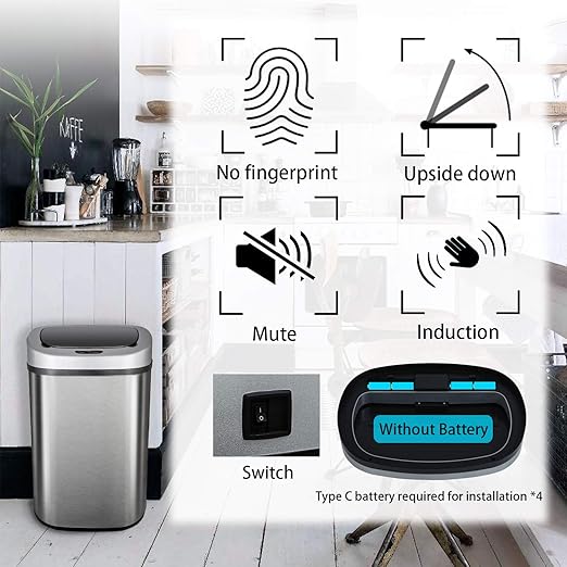 HCB Trash Can Automatic Waste Bin Mute Metal Garbage Can with Lid Stainless Steel 13 Gallon 50 Liter for Kitchen | Office | Bedroom | Bathroom | Living Room, 11” x 16” x 23”