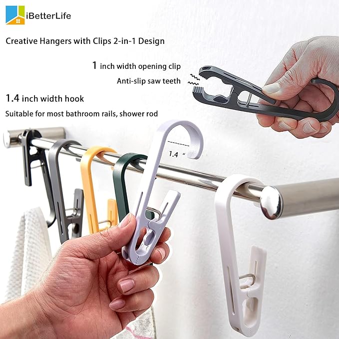 iBetterLife 4Pcs Laundry Hooks with Clips Hanger Heavy Duty Outdoor Clothes Pins, Closet Organizer Single Clamps Hanging Socks Boot Bras Underwear Kids Towels for Bathroom Wardrobe Kitchen Office