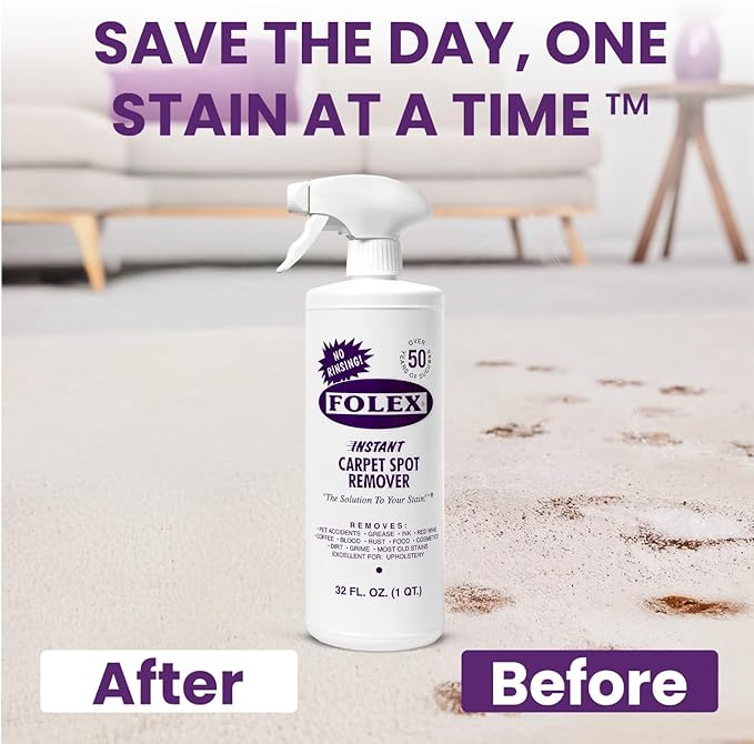 FOLEX Instant Carpet Spot Remover 32 oz – Powerful Stain Remover for Carpets, Upholstery & Rugs – Eliminates Pet Stains, Grease, Red Wine, Food, Makeup & More – With Reusable Cleaning Cloth – 4 Pack