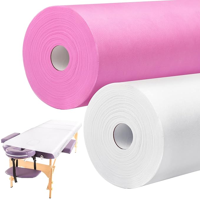 Tudomro 2 Roll Disposable Non Woven Bed Sheets 24 x 71 Inch Massage Table Paper Covers Non Woven Fabric Massage Sheets Waterproof Spa Breathable Bed Cover for Beauty Salon, Hotels(White, Pink)