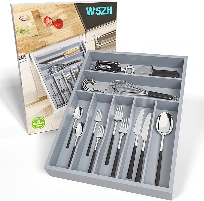 Utensil Organizer Silverware Drawer Organizer - 7 Slots Bamboo Utensil Tray Multifunctional Small Silverware Organizer for Kitchen Utensils, Garage Tools, Makeup Storage W13”x L17” (Grey)