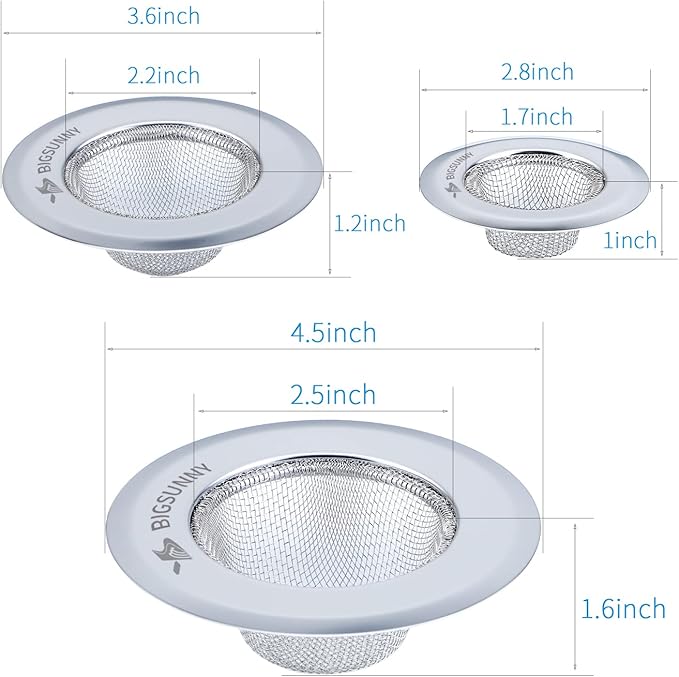 Mesh Sink Strainer Set of 3, MSY BIGSUNNY Stainless Steel Kitchen Sink Strainer Kitchen Drain Strainer with Large Wide Rim(4.5"+3.6"+2.8" Diameter) for Kitchen Sinks