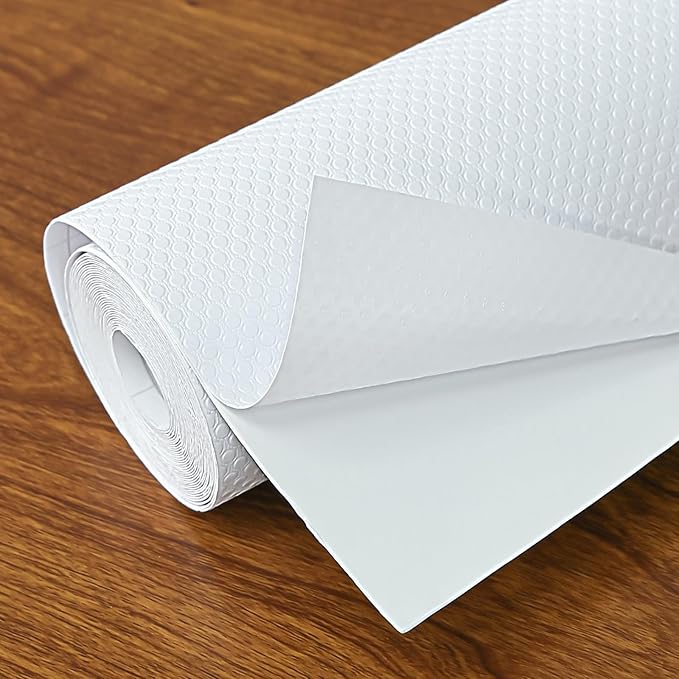 Shelf Liners 14 in x 20 ft Self-Adhesive EVA Drawer Mats, Cupboard Protector, Kitchen Cabinet Lining Fridge Liner (White Flat Dot, 35.6x610cm)