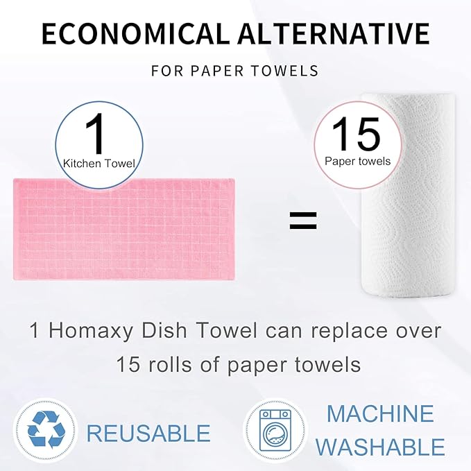 Homaxy 100% Cotton Terry Kitchen Towels(Pink, 13 x 28 inches), Checkered Designed, Soft and Super Absorbent Dish Towels, 8 Pack