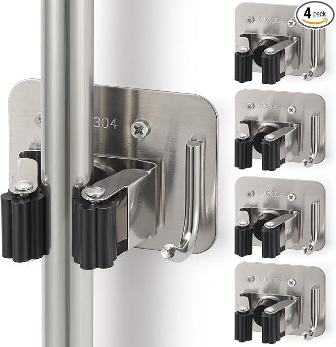 Broom Holder Wall Mount Screw Drilling, Sturdy Heavy Duty Stainless Steel Mop Gripper Rack Perforated, Perfect for Laundry Room Organizer, Fit with Laundry Kitchen Garage Garden Storage System