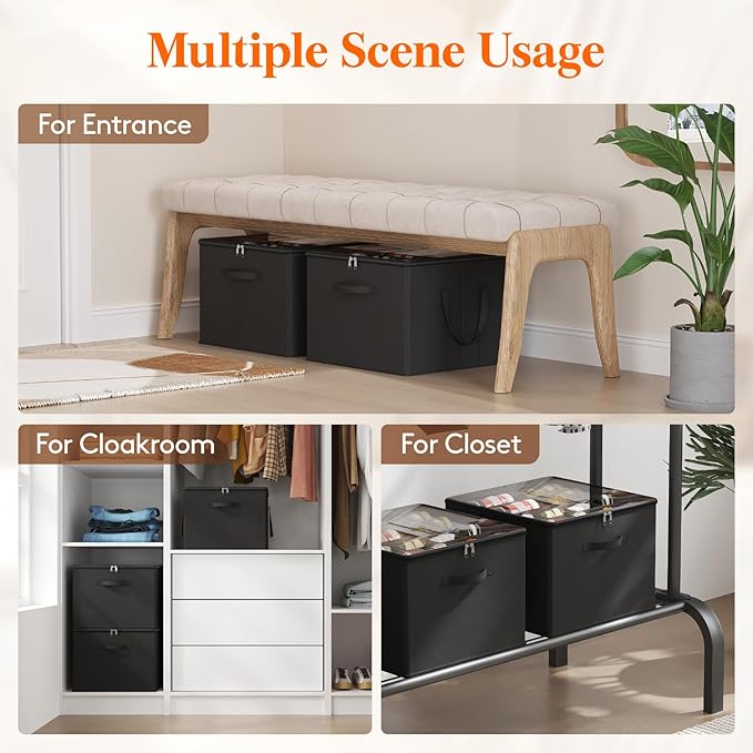 Lifewit Shoe Storage Organizer for Closet Fits 12-16 Pairs, Fabric Large Shoe Box Storage Container with Clear Cover, Foldable Bins Fit for Boots Heels Sneakers 17"(L) x 17"(W) x 12.5"(H) 2 Pack Black