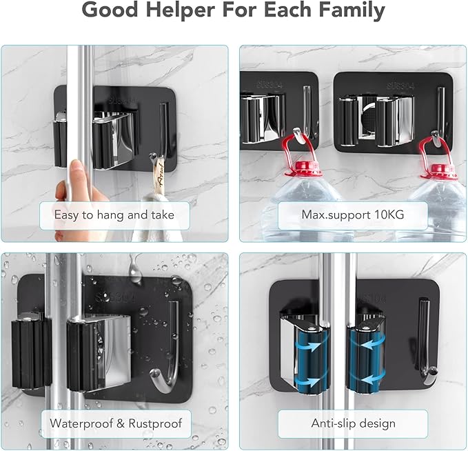 Mop Broom Holder No Drill, Mop Broom Organizer Wall Mounted Heavy Duty with Hooks Hanger, Self Adhesive Stainless Steel 4Pcs for Bathroom, Kitchen, Office (Multicolor)