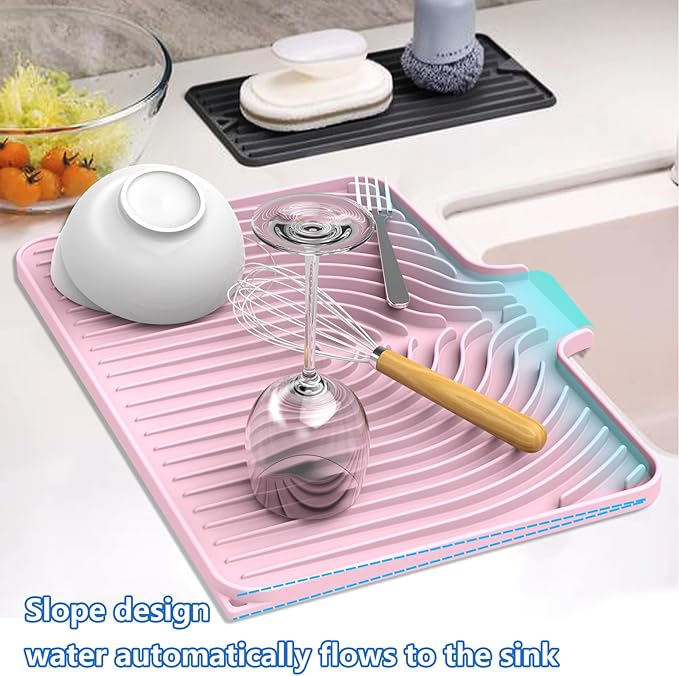 Dish Drying Matt for Kitchen Counter,18"×12"Silicone Dry Rack Mat with Built in Drain, Kitchen Dry Mats for Dishes Drying Pad for Counter(18"×12"Pink)